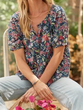 Garnet Hill Navy Floral Puff-Sleeve Peasant Blouse